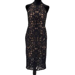 Vtg Xscape Lace Overlay Dress Women 8 Sheer Illusion Sleeveless Black Halter Y2k